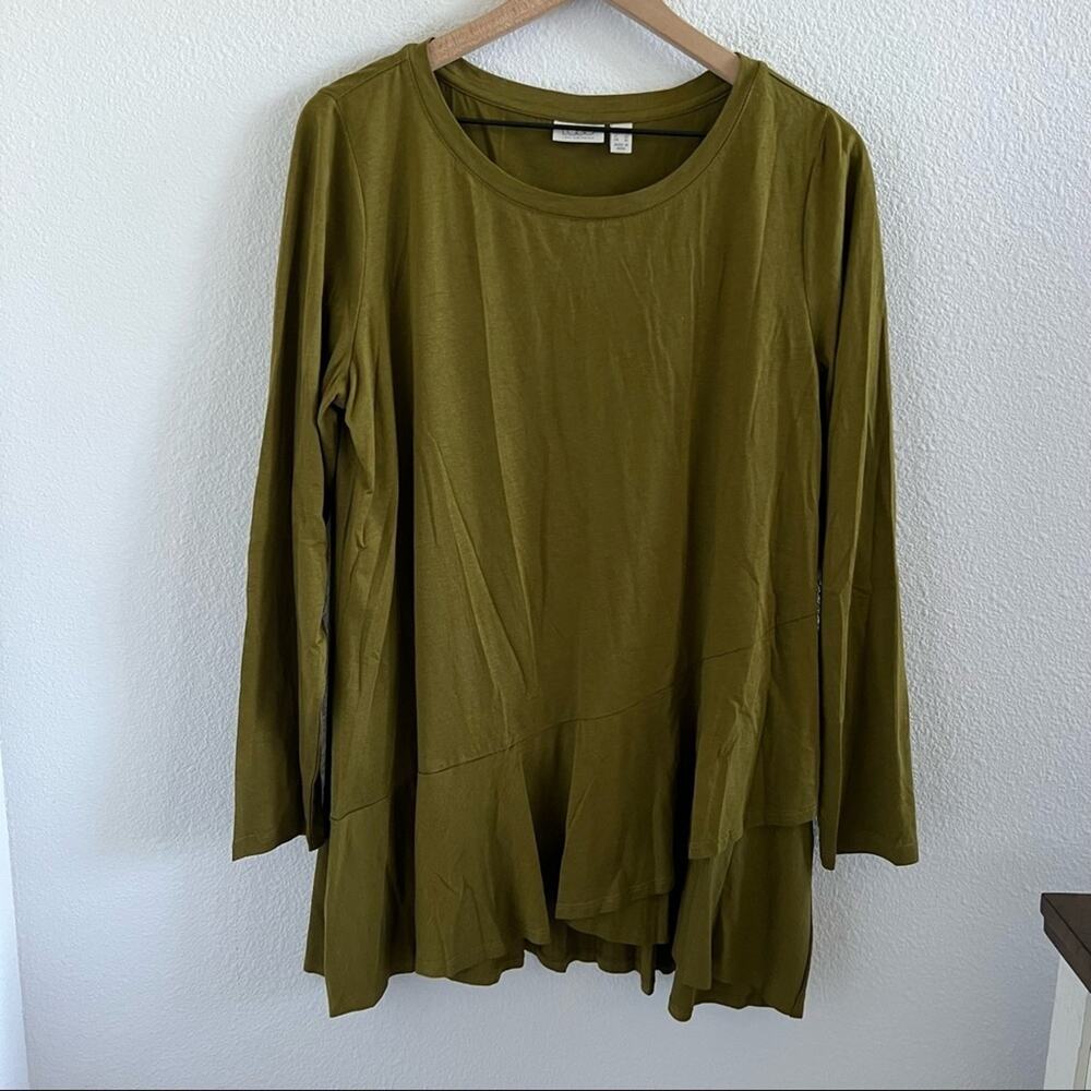 LOGO Lori Goldstein Cotton Modal Top With Cross Ruffle Detail Green Large